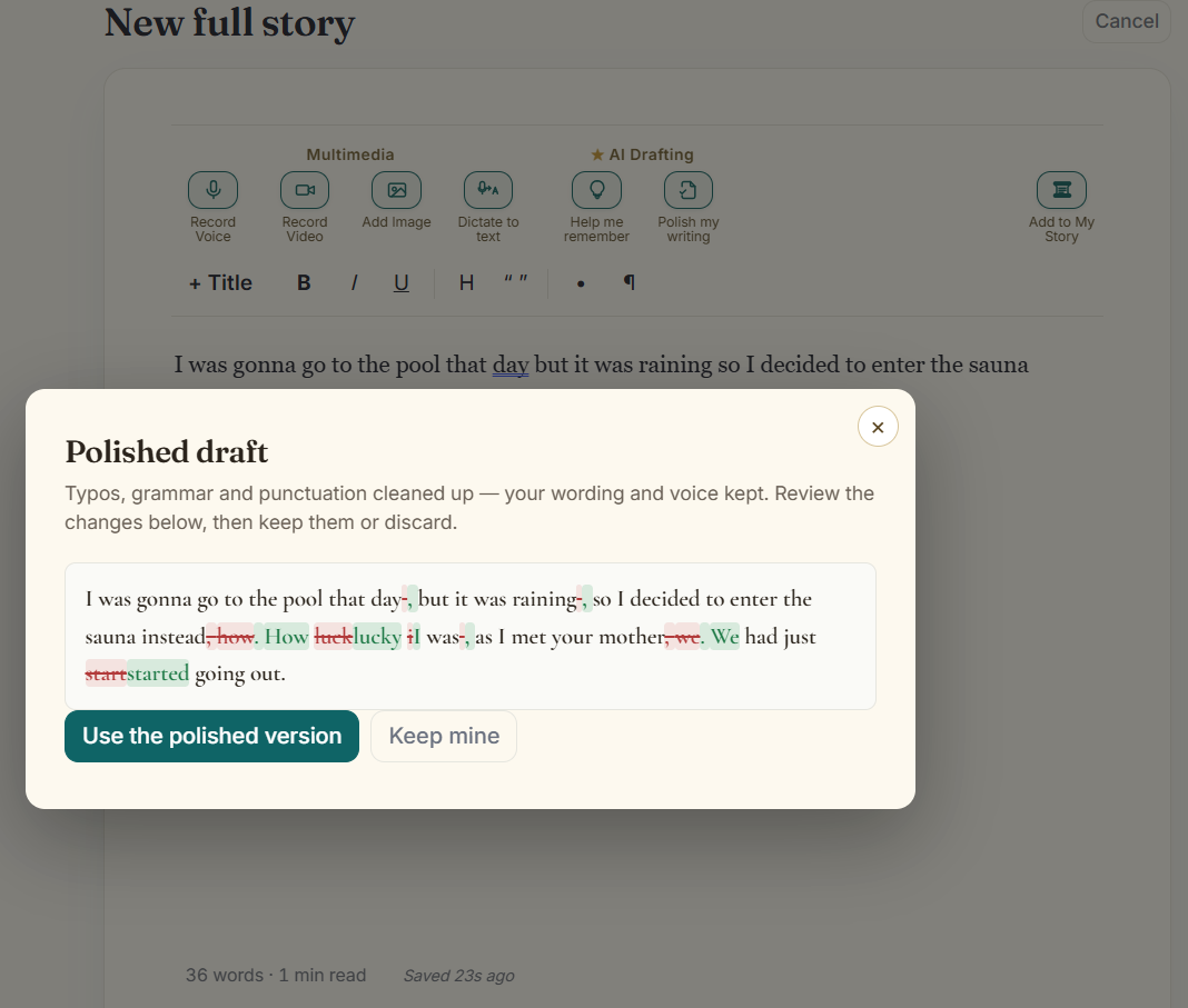The Kronoscript AI Polish-my-writing modal showing a typo/grammar diff — red strikes for the original, green for the cleaned-up version.