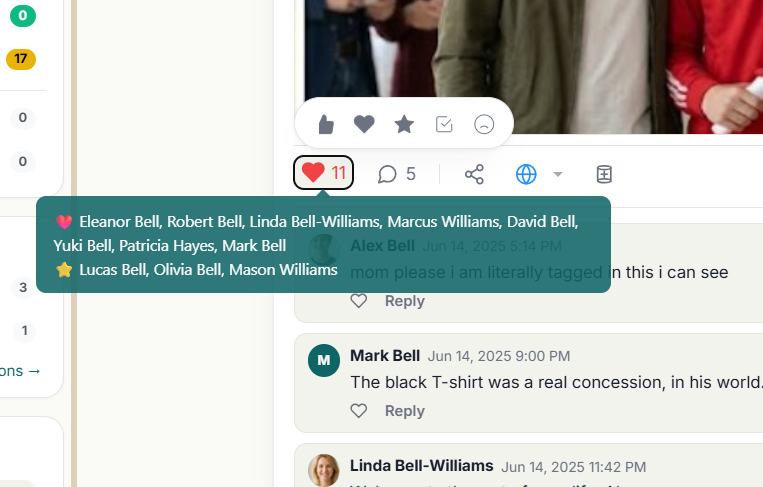 A post's reaction count hovered — a wide popover lists every family member who reacted, grouped by emoji.
