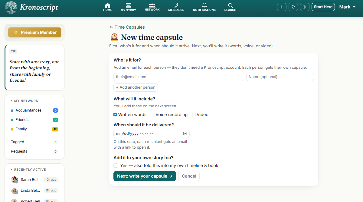 The Time Capsule composer with a future delivery date and recipient list.
