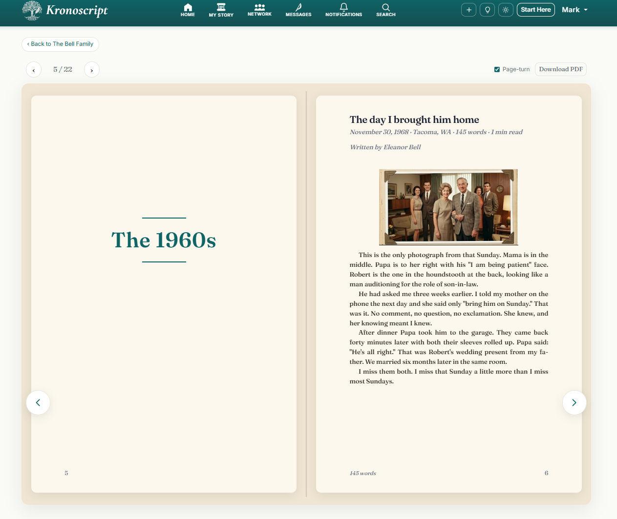 A book spread with a 1968 family portrait on the right page and a chapter title on the left.