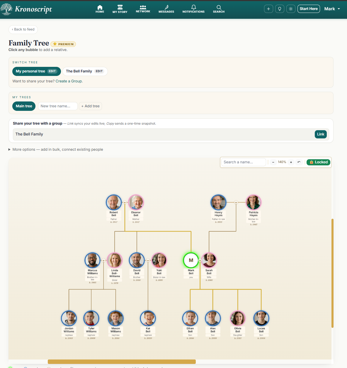 A family tree with photos in every bubble — siblings, parents, grandparents, in-laws, all linked.