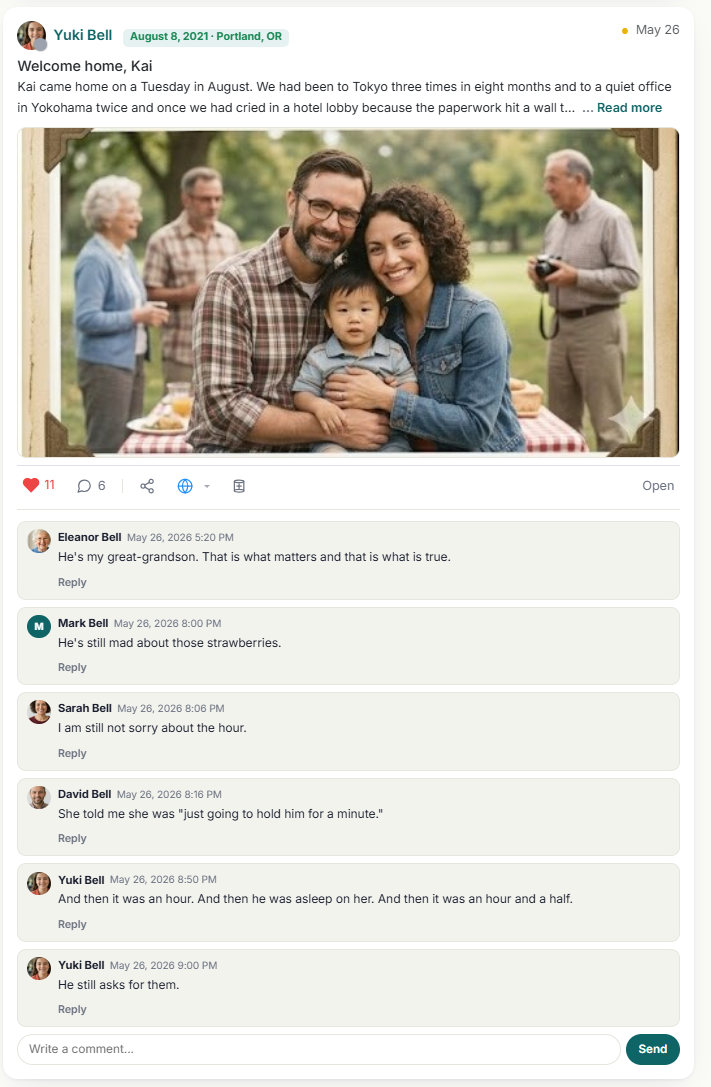 A Kronoscript post with a color family photo, 11 reactions, and a thread of family comments.