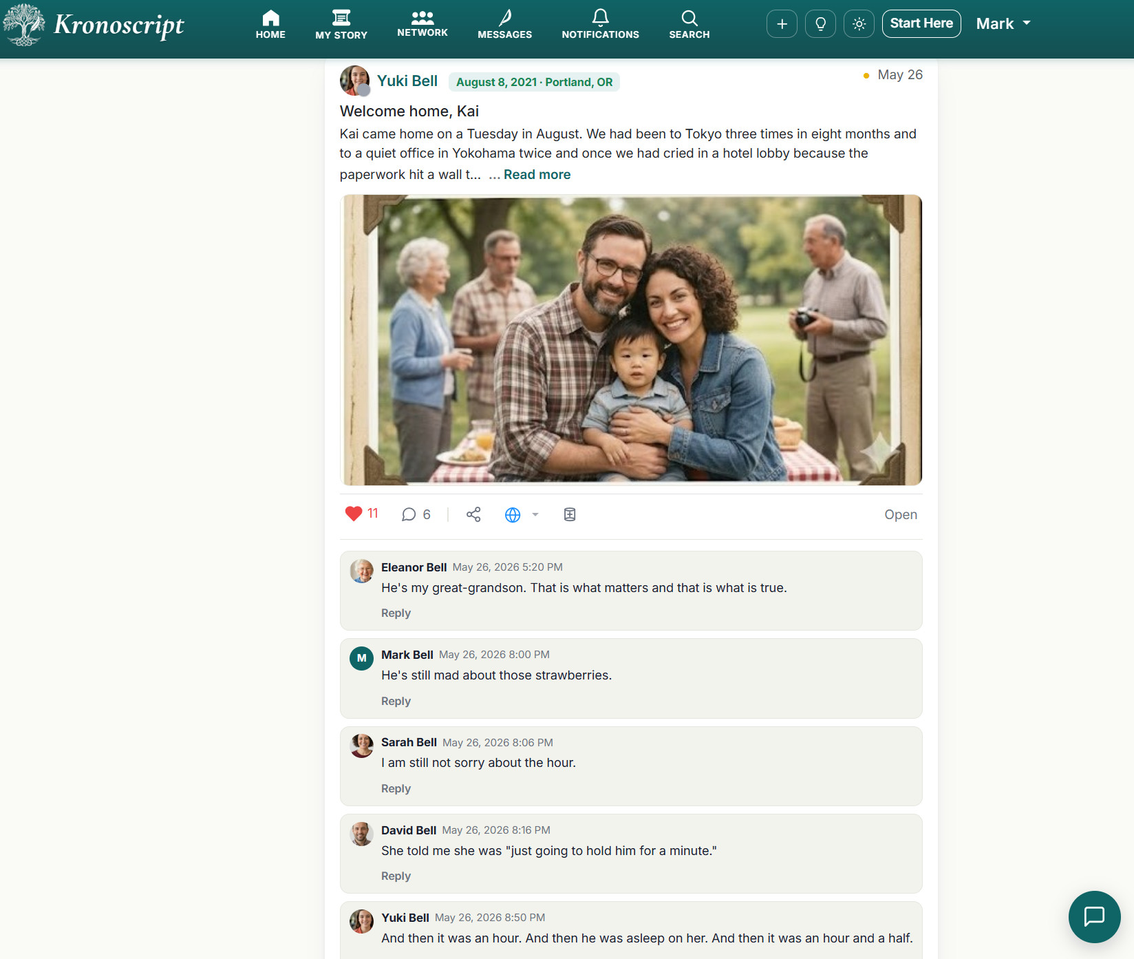 A Kronoscript browser window — the navigation bar across the top and a family post with reactions and comments below.