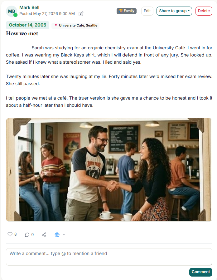 A published Kronoscript story titled 'How we met' — date, location, three paragraphs, and a color photo of two people meeting in a café.