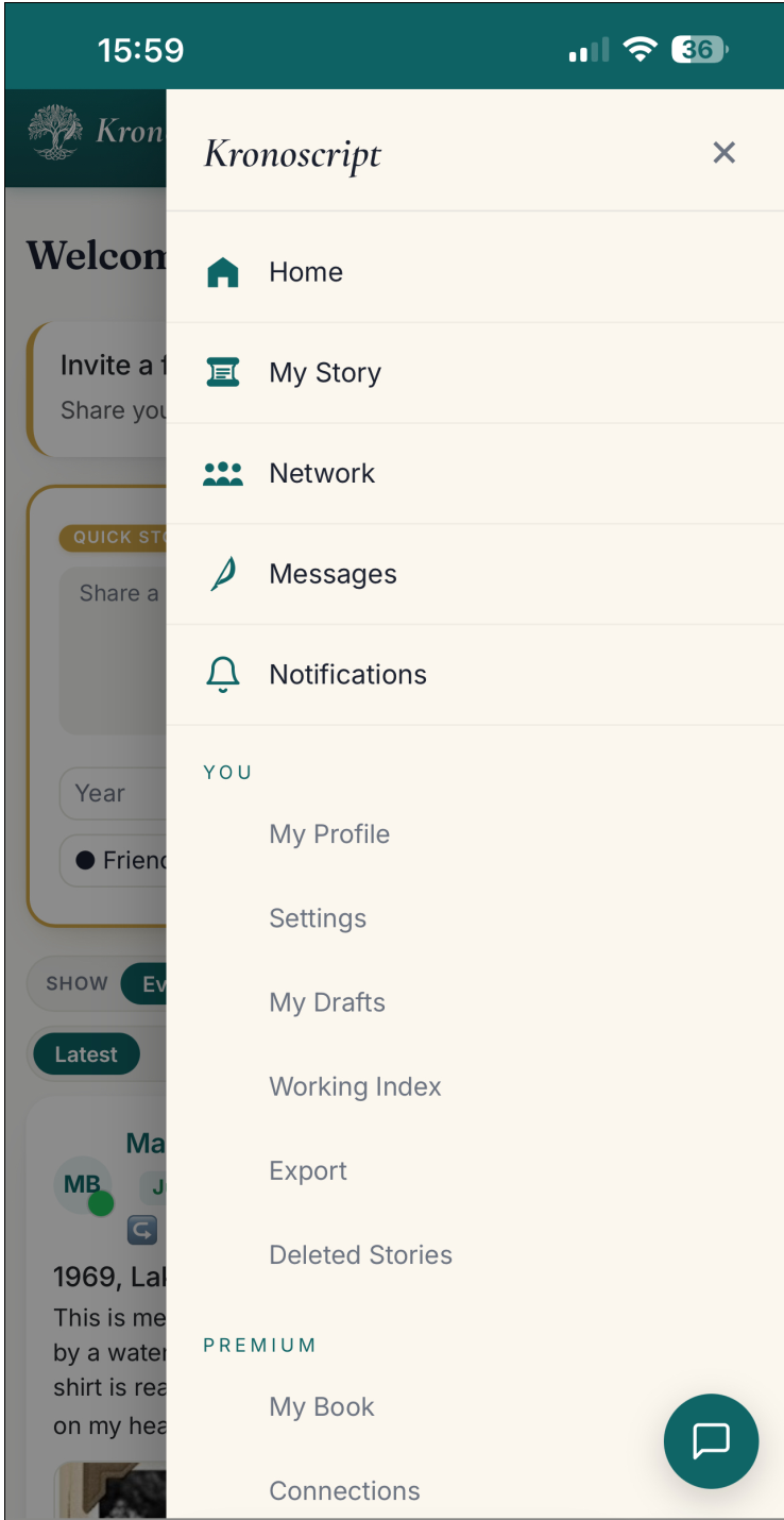 Main navigation drawer open on iPhone.