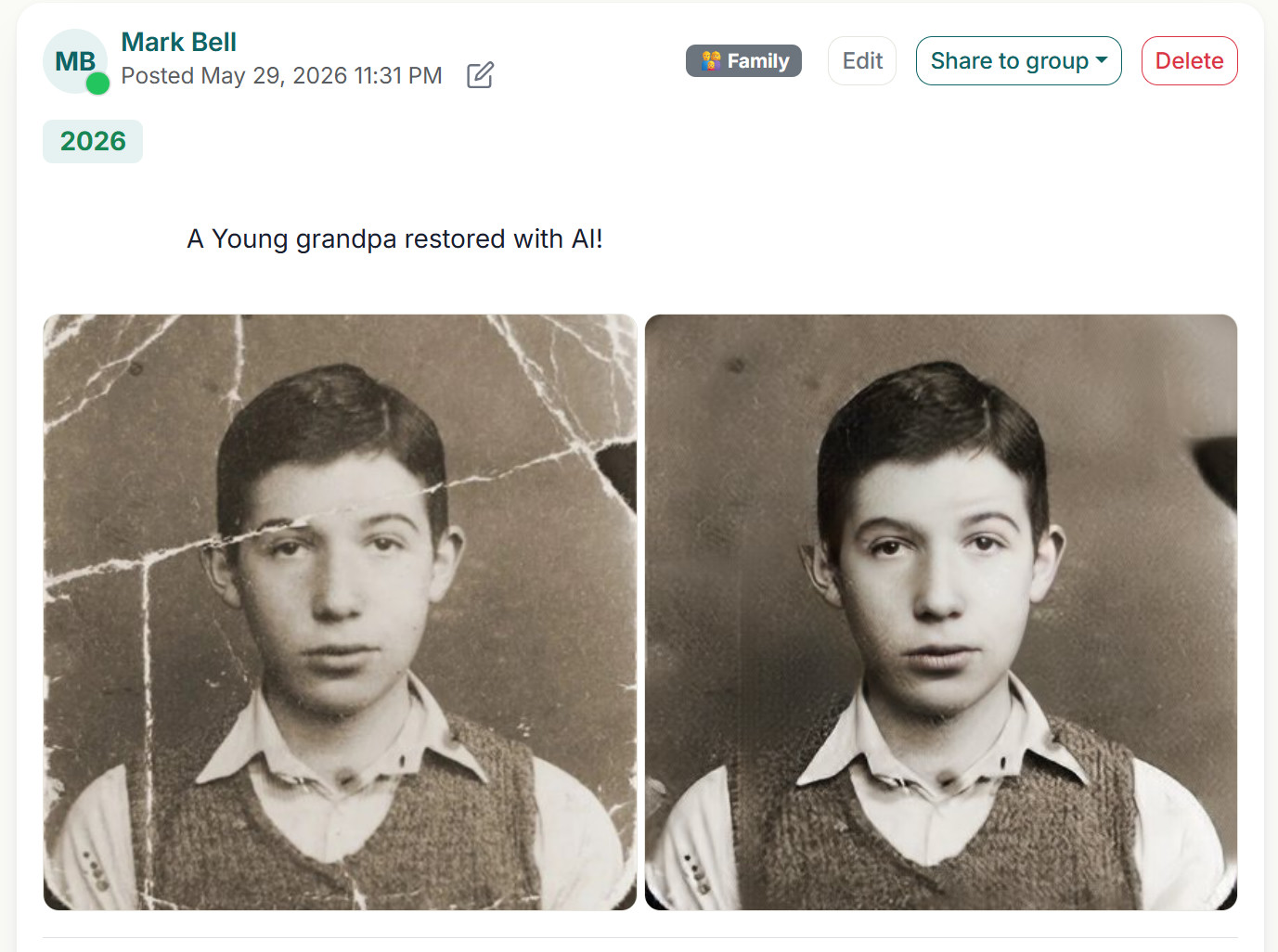 Before: a 1940s portrait of a boy with deep cracks across the face. After: the same portrait, repaired.