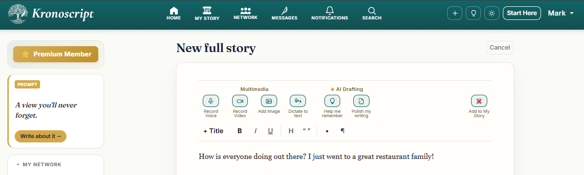 The Kronoscript composer open on a desktop, ready to write a memory.